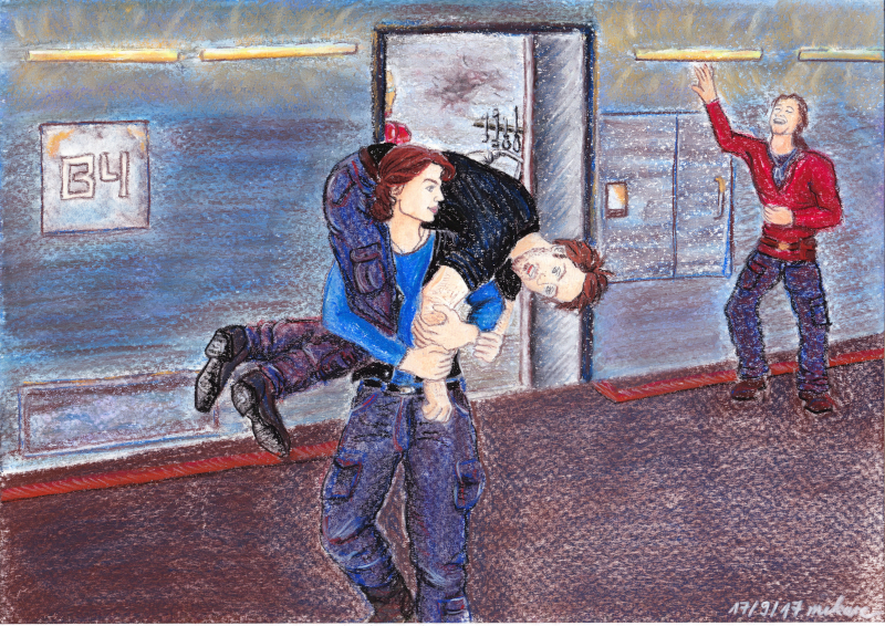 space-AU: Peggy carrying Tony Stark, Bucky laughing in the background